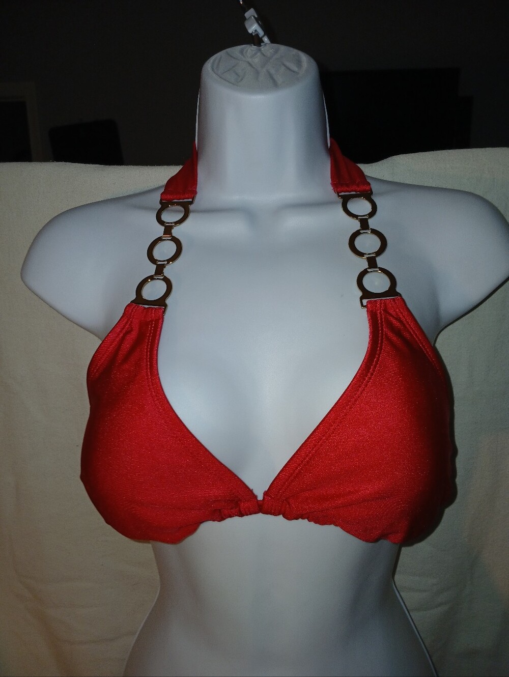 NWOT Catalina Red Halter Bikini Top with Gold Ring Straps.